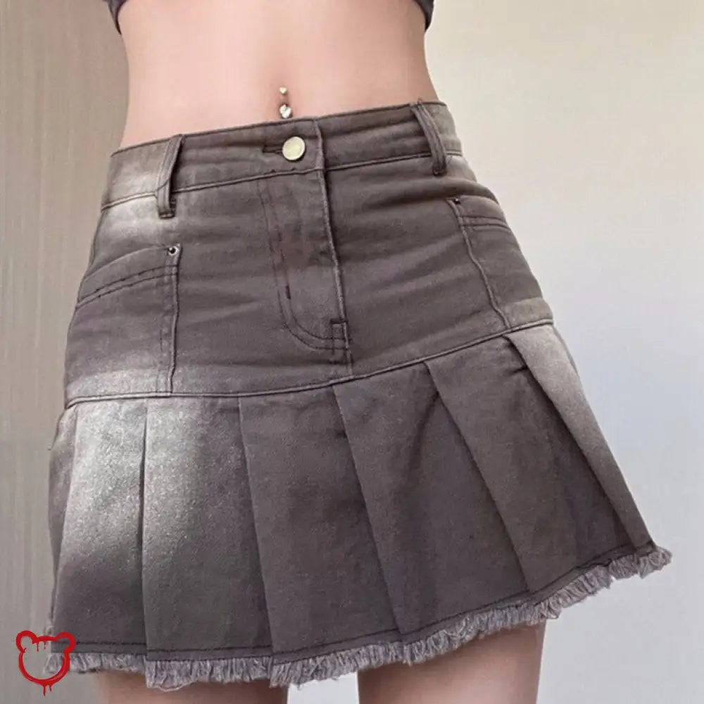 Tassel Denim Skirt: Grey/Brown High Waist / S Clothing