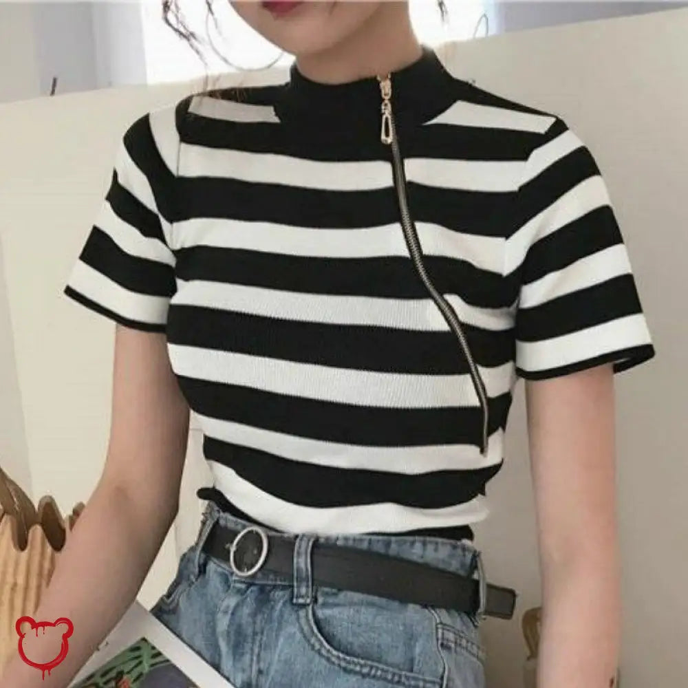 White Black Striped Knit Top Clothing